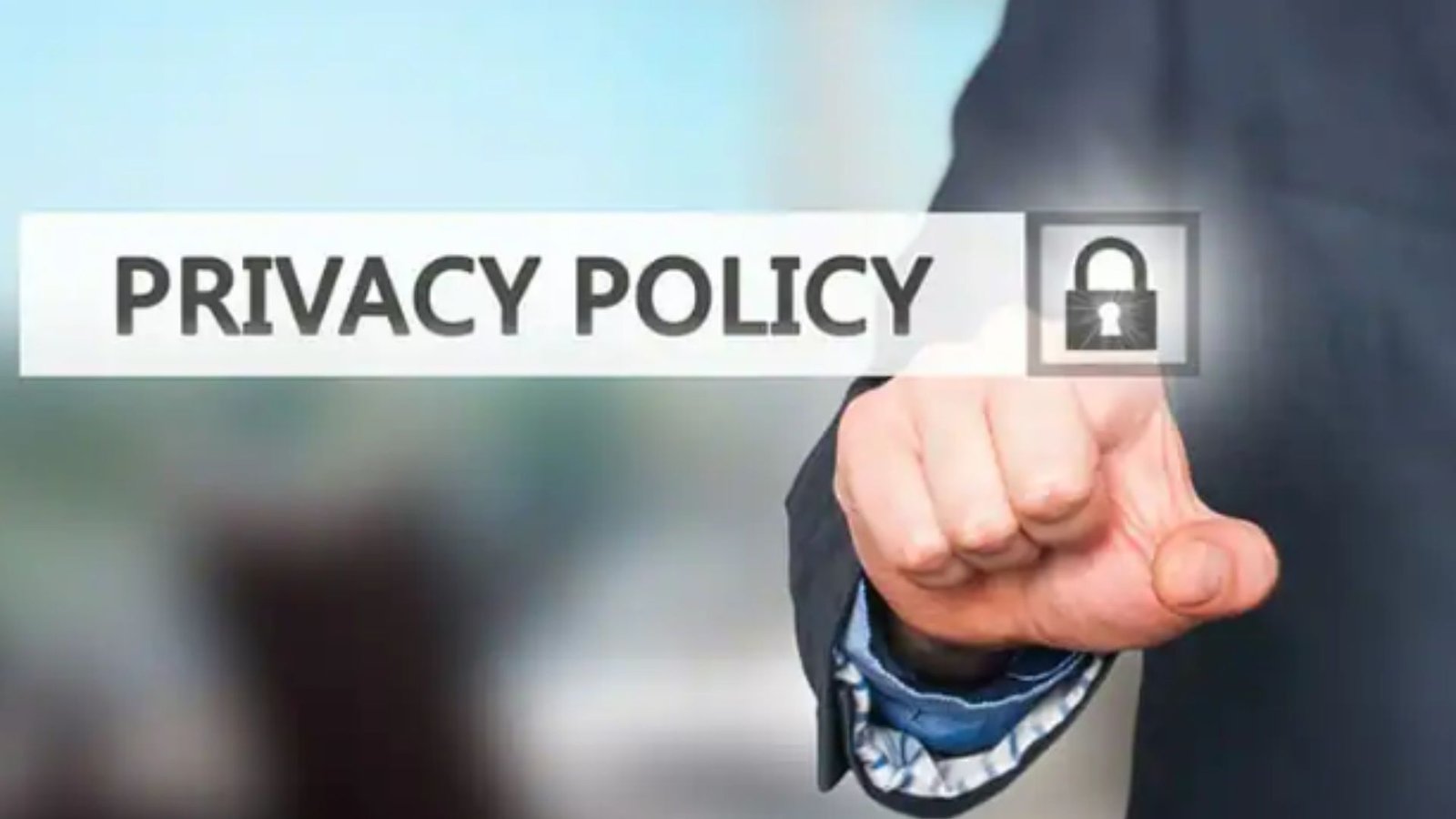 a man wearing a black suit pointing at a text written privacy policy