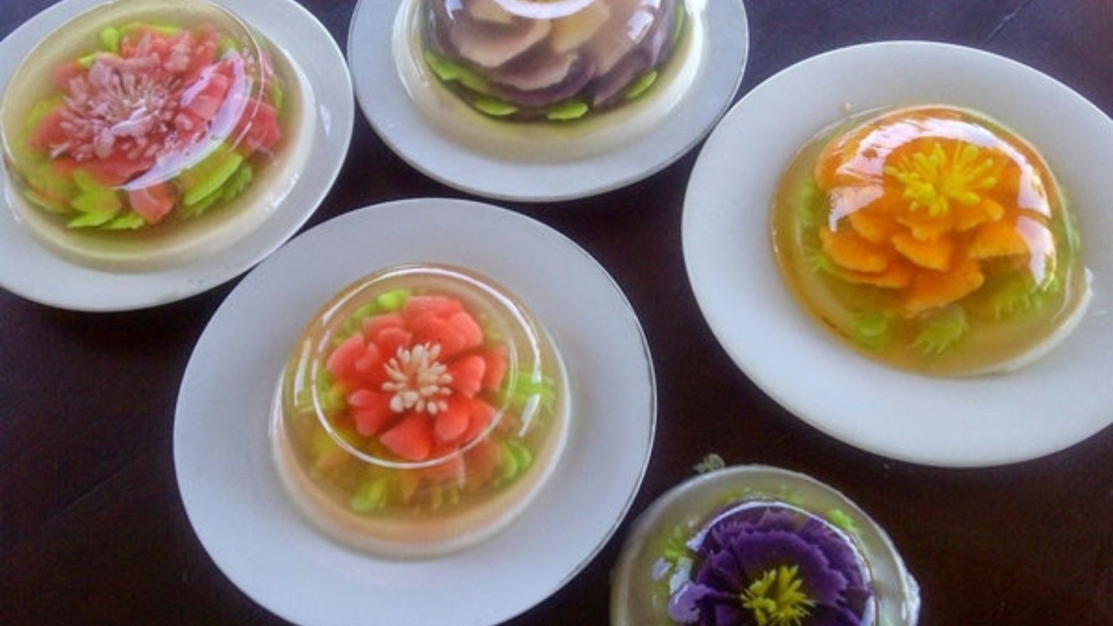 white plates with jelly art